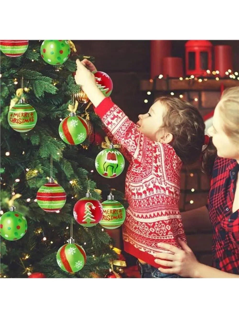 Red Green Glitter Christmas Ball Ornaments Set 12 Shatterproof Tree Decorations